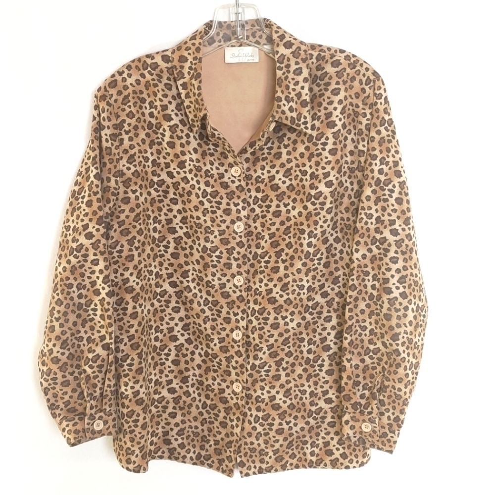 Studio Works Faux Suede Leopard Animal Print Shirt Blouse Size MP Medium Petite